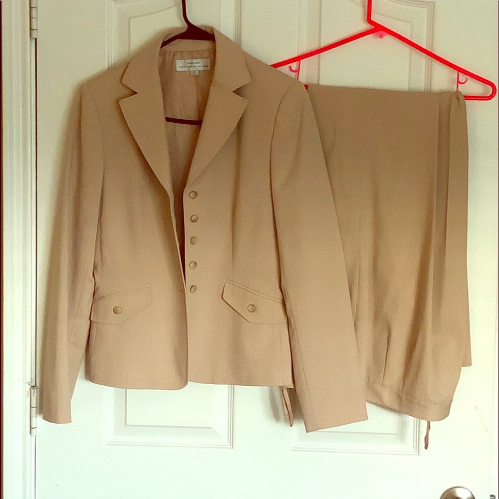 Tahari Arthur Levin pinstripe tan business suit